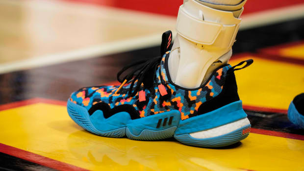 Atlanta Hawks guard Trae Young wears the Adidas Trae Young 'Pixels' sneakers against the Portland Trail Blazers on March 14, 2022.